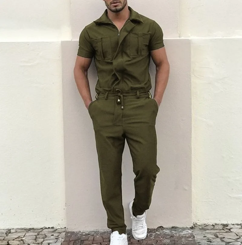 Men Outfit Set 2022 Men\'s Fashion Short Sleeve Pocket Zip Zip Jumpsuit Overalls Overalls Overalls Men Clothing