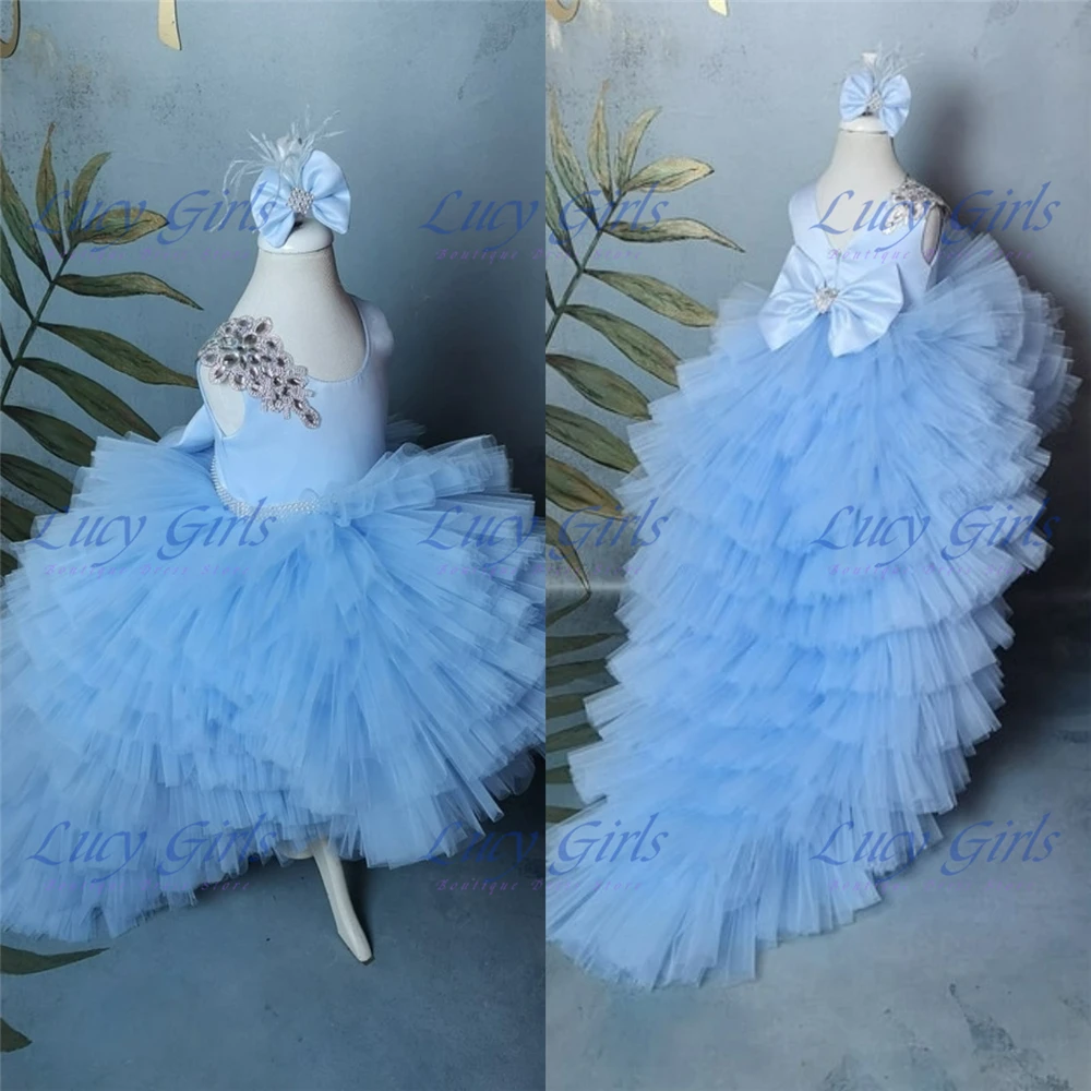 Lovely Blue Flower Girl Dress Layering Tulle Fluffy With Applique for Kids Wedding Birthday Holiday Party Evening Ball Gowns