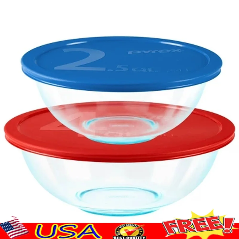 

2pc Glass Mixing Bowls Set with Plastic Lids 4qt 2.5qt Microwave Safe Dishwasher Safe BPA Free Durable Kitchen Storage