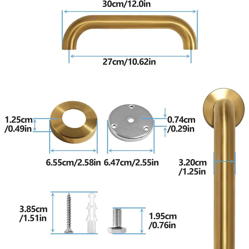 12 Inch Gold Stainless Steel Shower and Bath Safety Grab Bars, 2 Pack, 1.25 Diameter for Elderly Support
