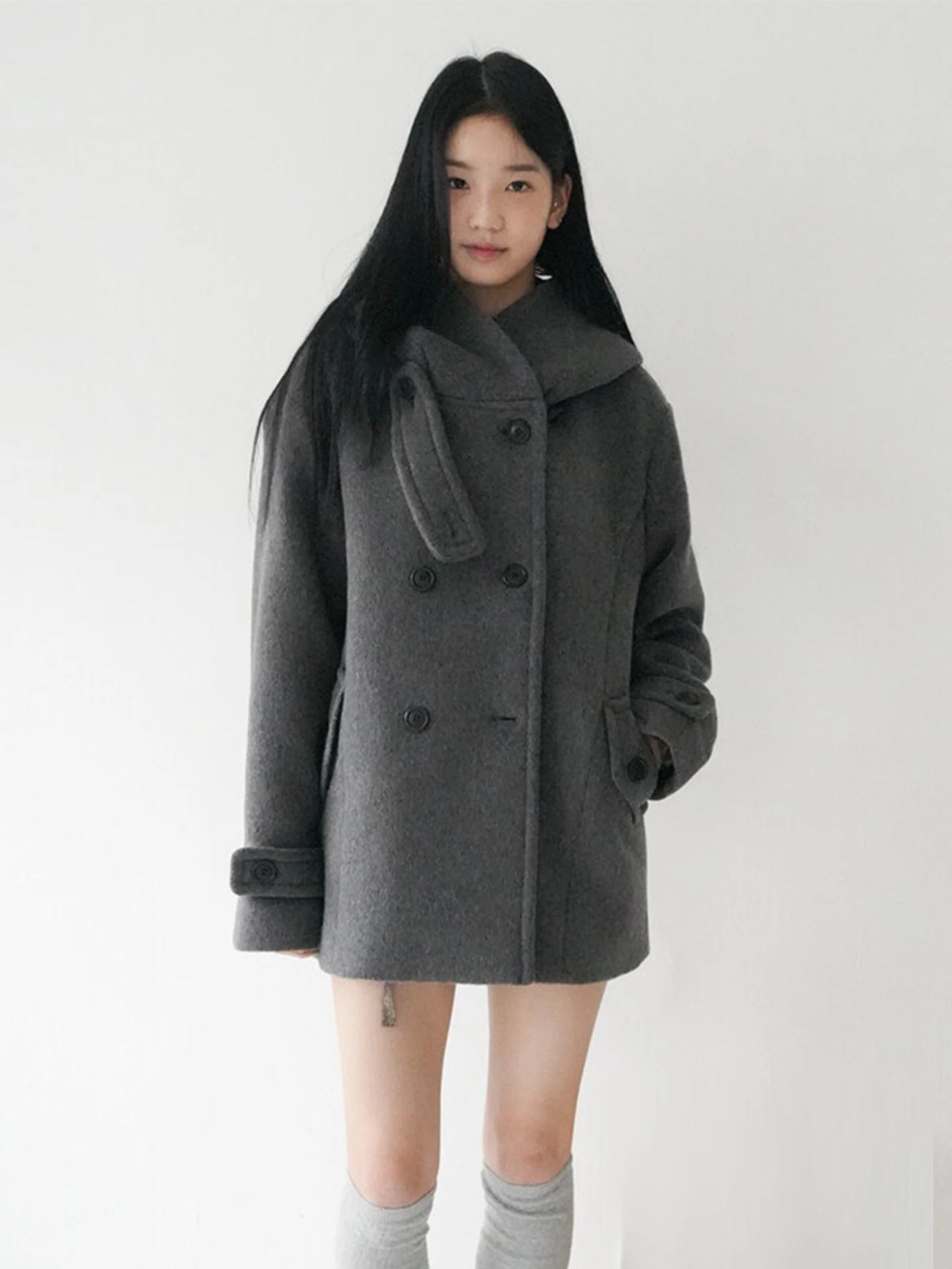 

Женское шерстяное пальто с капюшоном, однотонное двубортное зимнее пальто, корейское свободное длинное пальто све средней длины