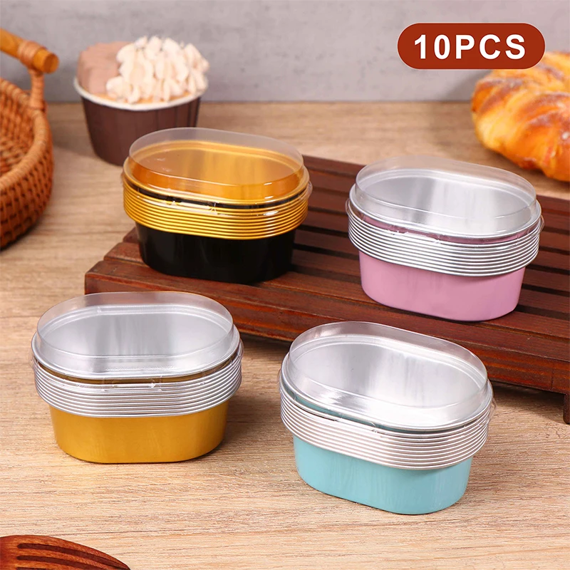 10Pcs Aluminum Foil Cupcake Cups With Lids 68ml Oval Non-Stick Baking Cups For Desserts Puddings Wedding Party Supplies