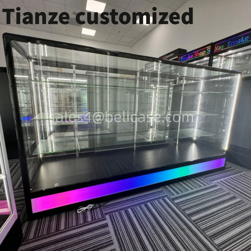 

Customized-Aluminum Glass Counter Smoke Shop Displays Display Cabinet with Colorful Light Retail Stores Glass Showca