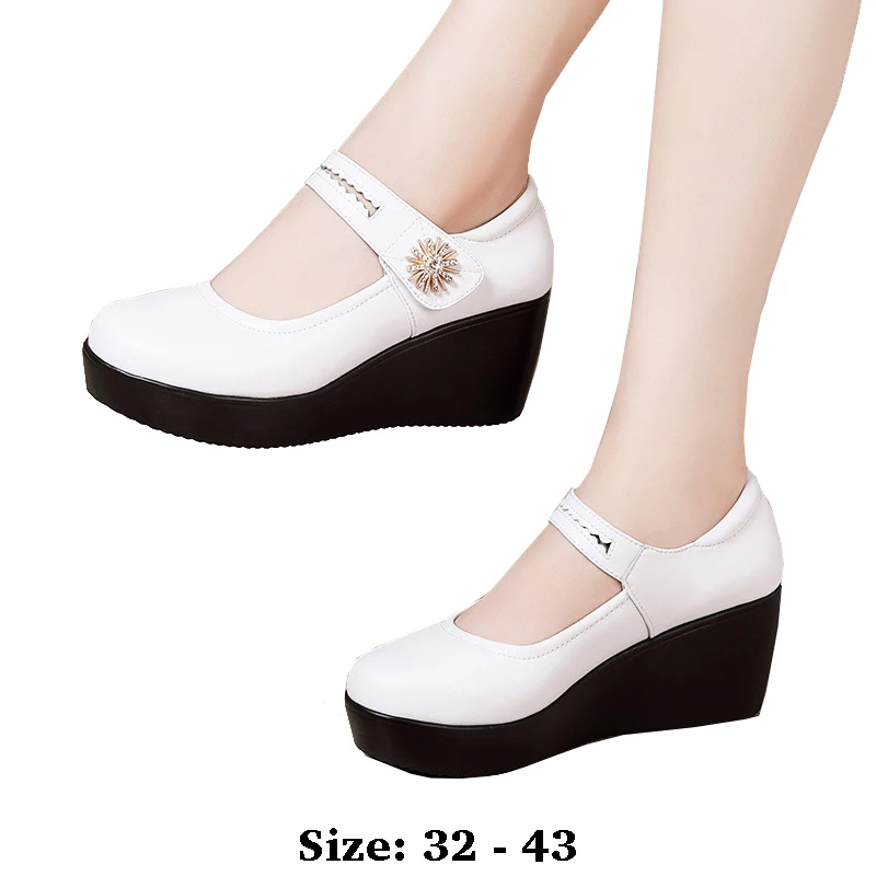 

high quality leather wedge shoe for women 6cm mid heel platform round toe 32 33 34 elegant work autumn shoe black white
