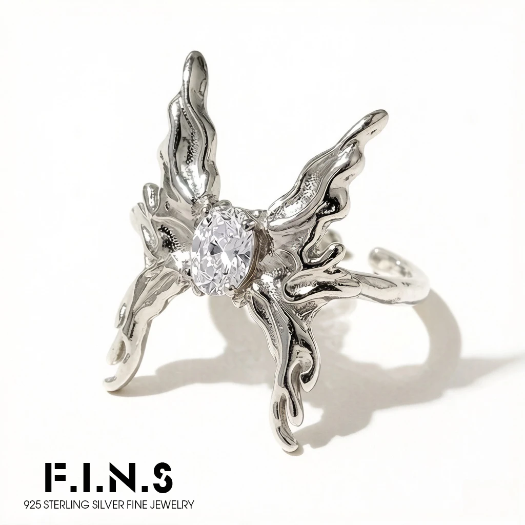 

F.I.N.S Textured S925 Sterling Silver Open Ring For Women Korean Style Butterfly Shaped Zircon Adjustable Finger Jewelry Gifts