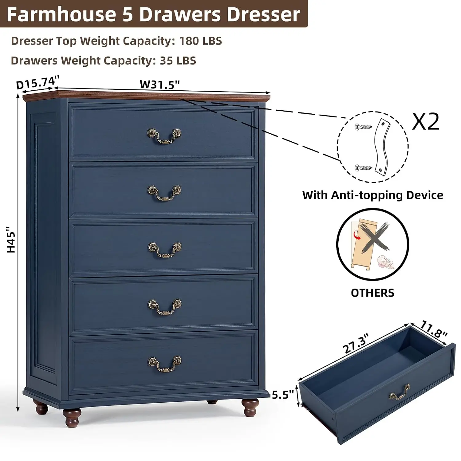 Farmhouse 5 Drawer Dresser for Bedroom, 45
