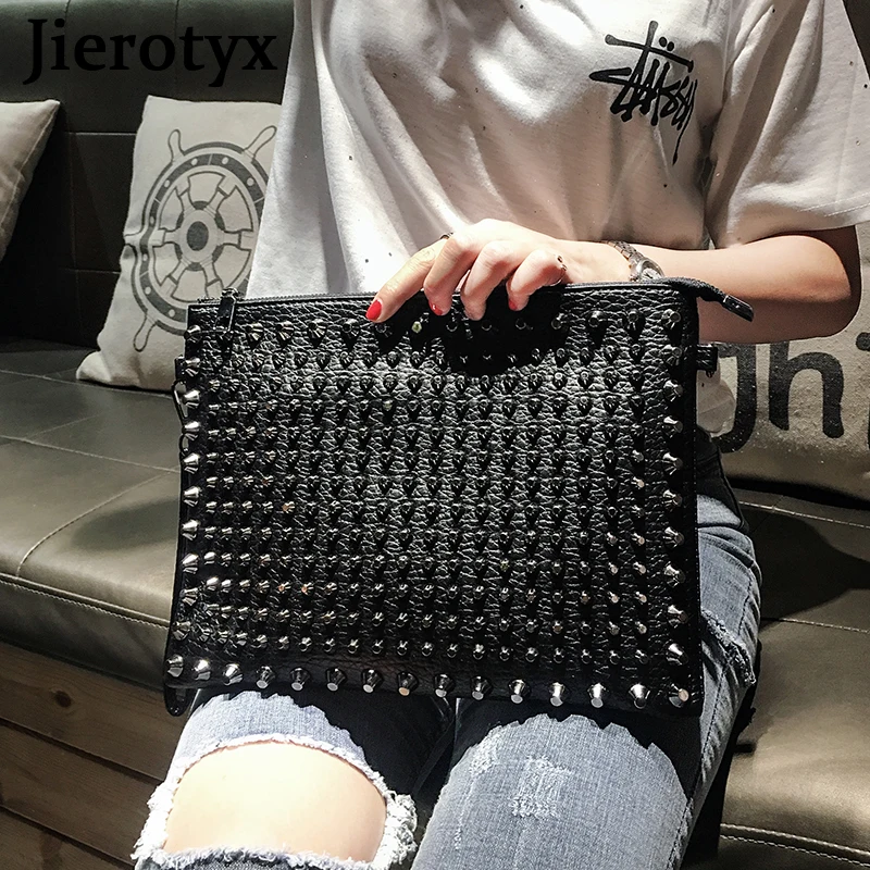 JIEROTYX Evening Clutch Bags for Women Luxury Brand Punk Rock Style Rivet Shoulder Envelope Bag Unisex Black Leather Handbags