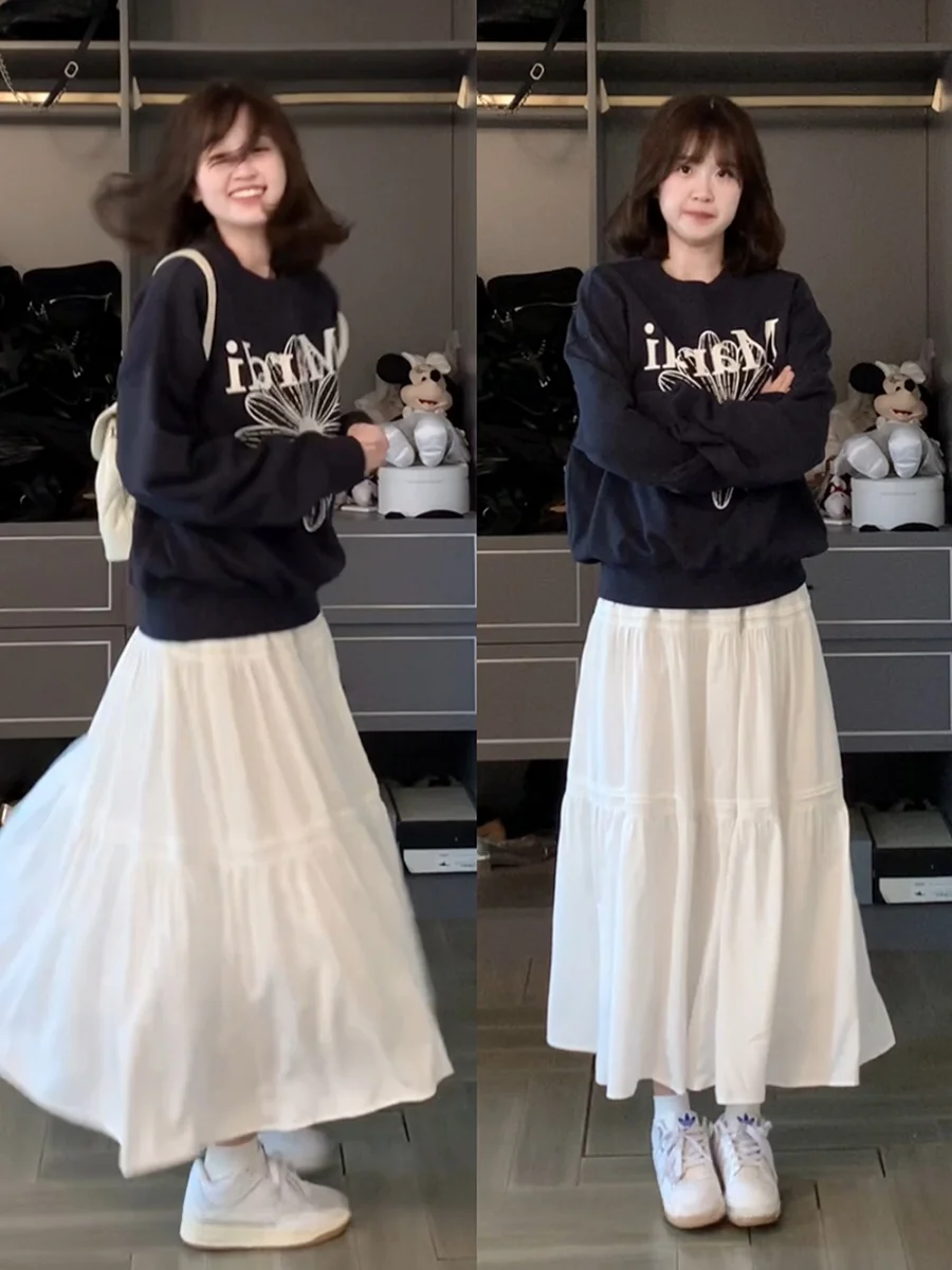

CallmeEar Korean Sle Long Loose A-Line Skirt High Waist White Design Sensation Ele f-length Skirt for Women