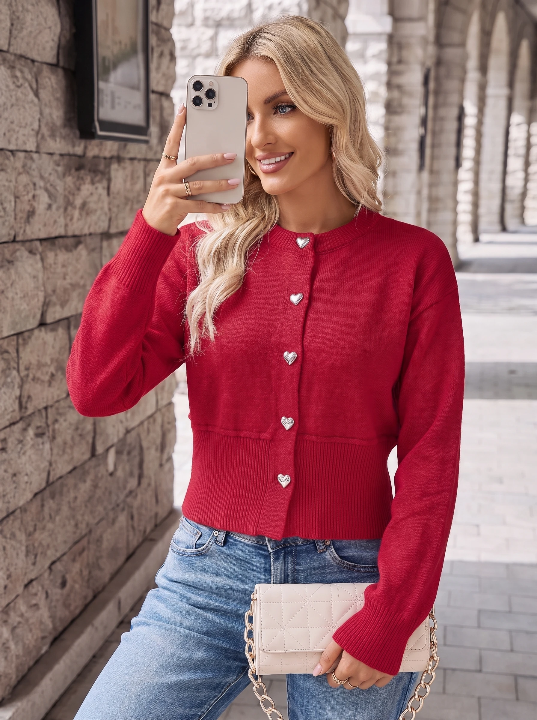 Autumn Winter Women Cropped Knit Cardigan Long Sleeve O‑Neck Heart‑Shaped Button Waist‑Cinch Slim Casual Ladies Streetwear Sweat