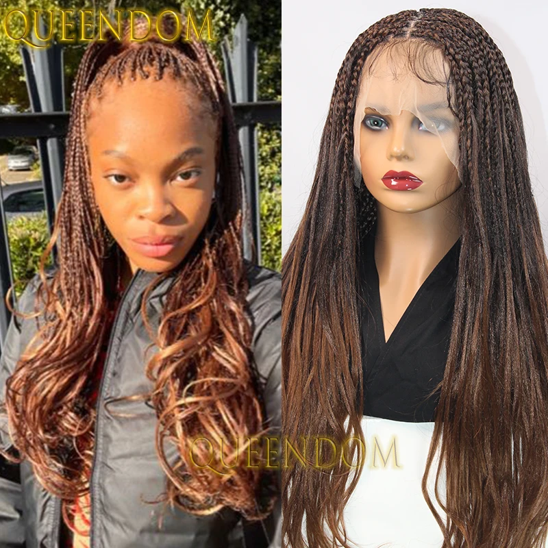 28 Inch Synthetic Box Braids Wig Ombre Brown Bohemian Braided Wigs For Black Women Full Lace Cornrow Braid Wig With Curly Ends