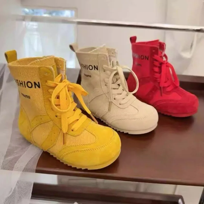 Children's Fashion Short Boots Girls Spring and Autumn New  Splicing  Thin Single Boots Children's Retro Canvas Fashion Boots
