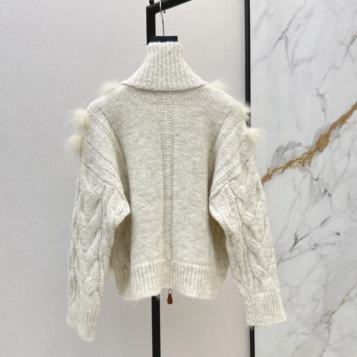 2026 High Quality Women's Half High Collar Double Zipper Imitation Wool Splicing Knitted Jacket--hb813