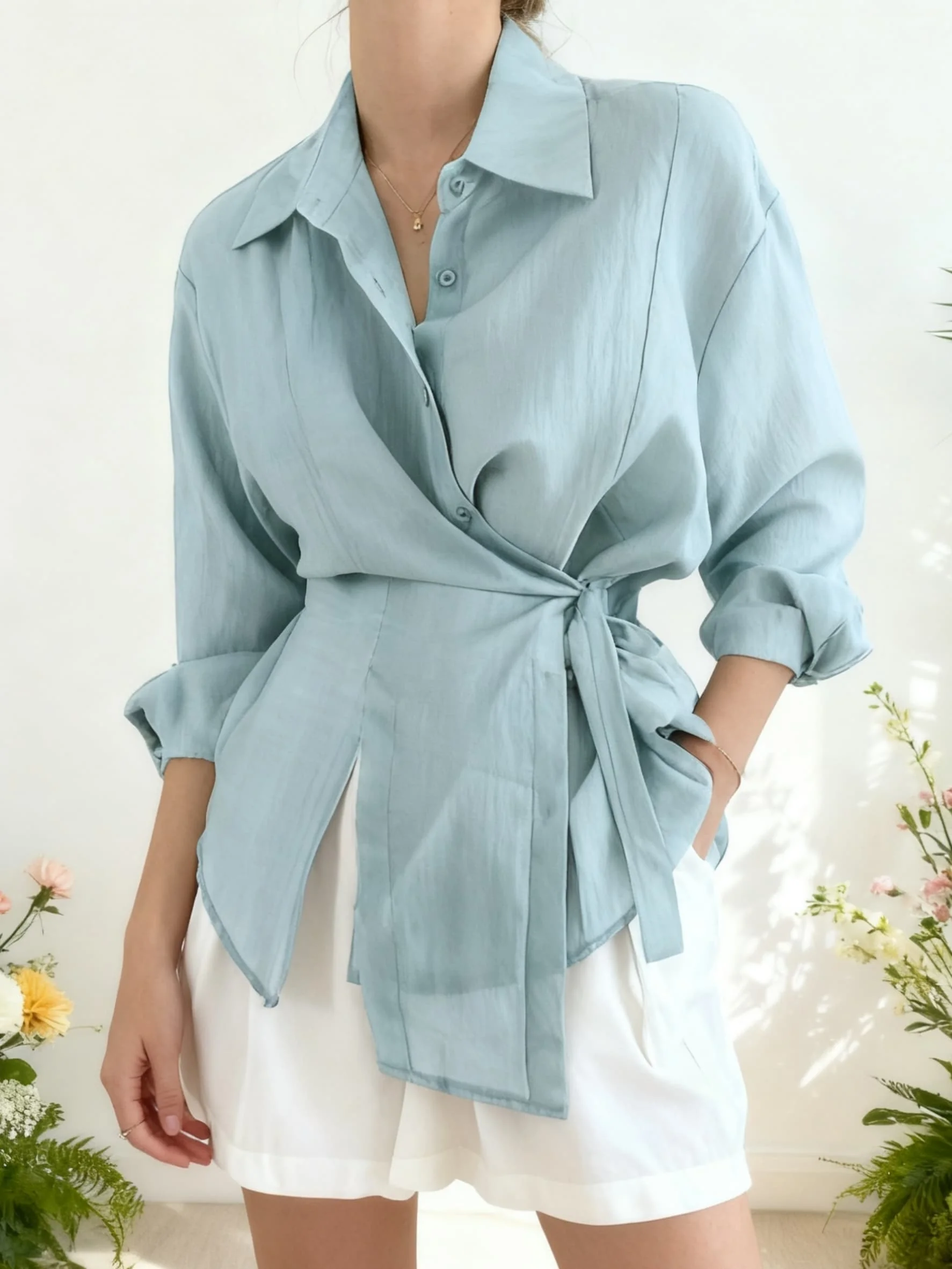 

2026 New Chic Lace-up Belt Loose Casual Women’s Shirt Vintage Long Sleeve Women Blouse Irregular Sunscreen Shirts Tops