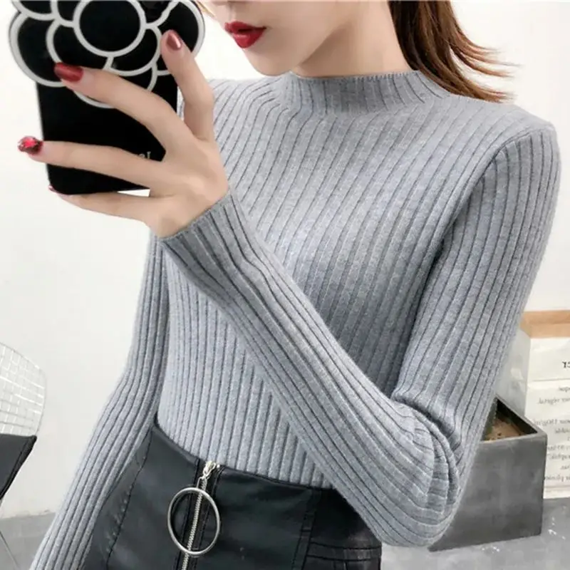 Fashion Solid Color Striped Sweaters Women New High-quality Long Sleeve Mock Neck Slim Interior Lapping Bottoming Shirt Top 2022