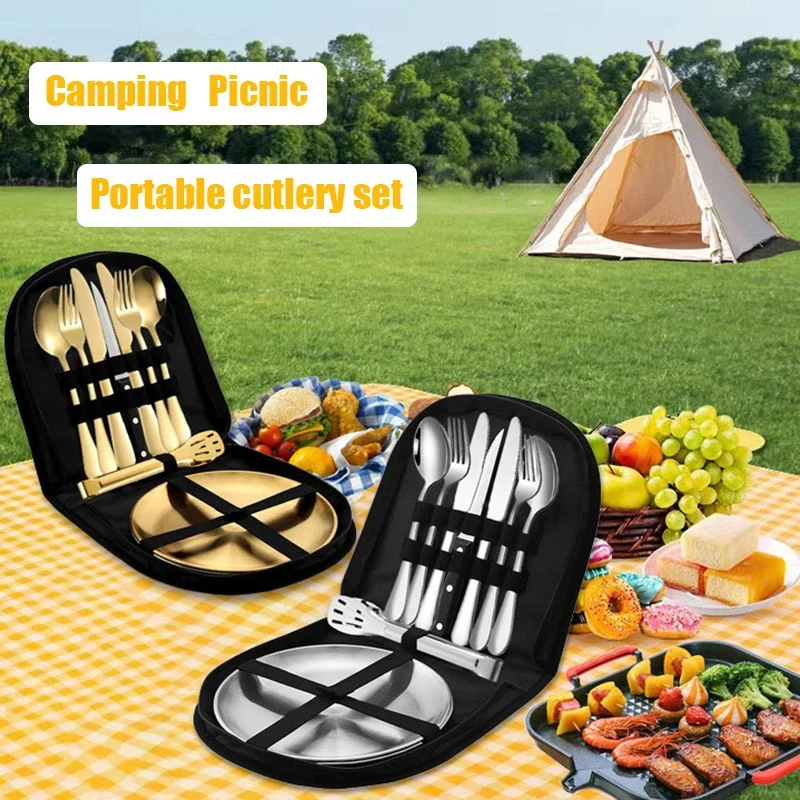 Imagem -03 - Outdoor Camping Tableware Grupo Piquenique Travel Storage Faca Garfo Colher Colher 10 Pcs Cada Conjunto Aço Inoxidável