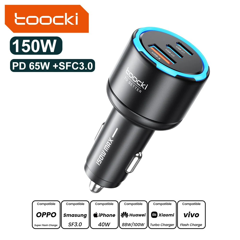 Toocki 150W USB-C Auto-Ladegerät PD3.0 PPS SFC3.0 für iPhone 17 Samsung S26 Ultra Xiaomi Huawei – Schnelles USB-C Auto-Handy-Ladegerät