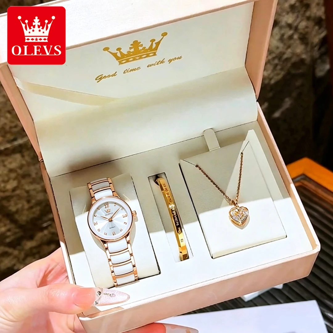 OLEVS Women's Watches Luxury Elegant Steel Ceramic Strap Original Quartz Wristwatch Necklace and Bracelet Gift Box Fashion Dress