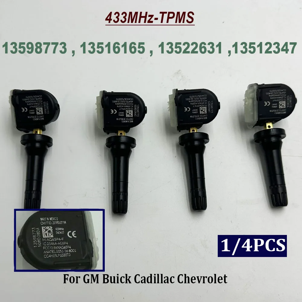 NEW 1/4PCS 13598773 13516165 433Mhz TPMS Tire Pressure Monitor Sensor 13512347 13522631 For C-adillac G-MC Sierra C-hevrolet