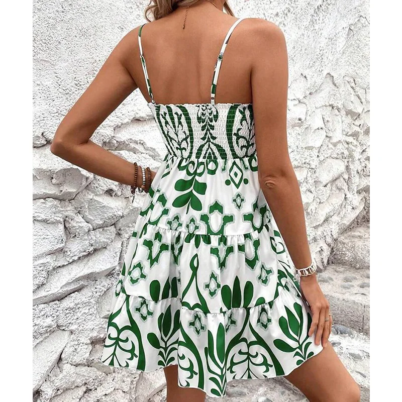 Elegancka, seksowna damska letnia mini sukienka w stylu boho, plażowa sukienka letnia, codzienna sukienka na ramiączkach z nadrukiem roślinnym, dopasowana sukienka na imprezę, sukienki Vestidos