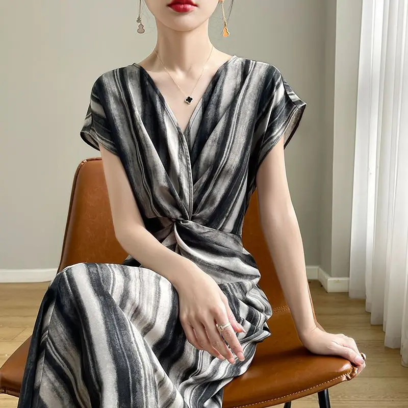 Temperament Silk Satin V-neck Striped Dress Summer Women Loose High-end Tied Up Over The Knee Long Skirt Fashion Commuting Dress