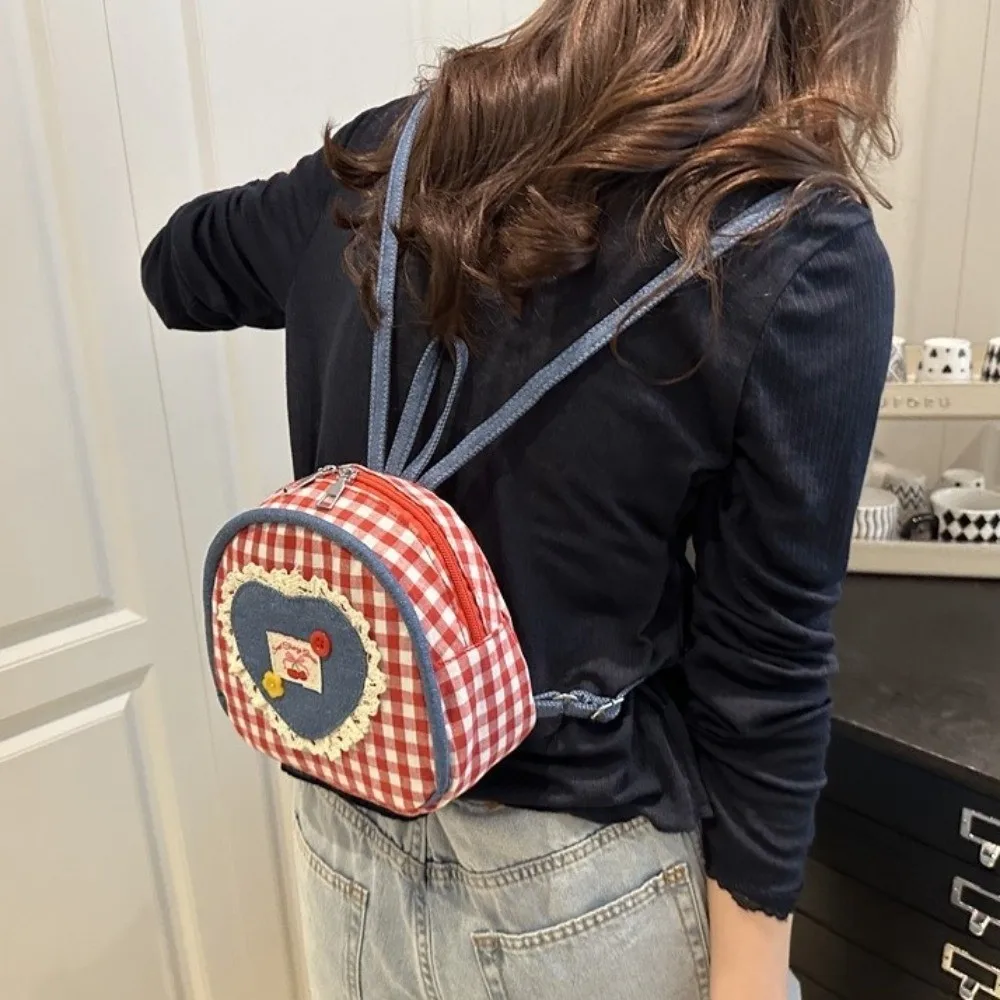 Zaino in tessuto vintage con reticolo Mini borsa a tracolla in denim stile rurale Zaino a cuore scozzese per studenti