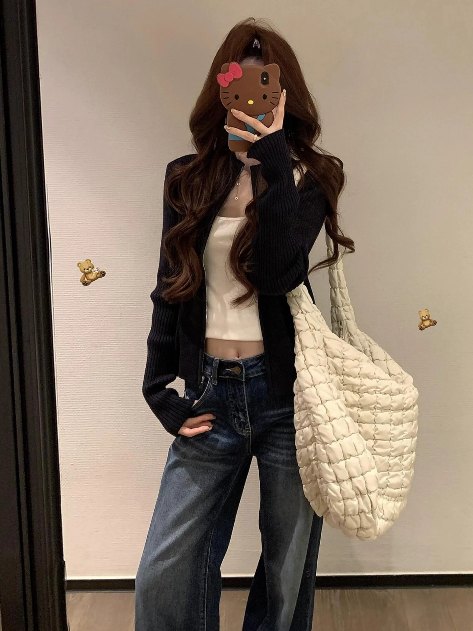 

Black Zipper Knitted Short Cardigan Women's Spring Autumn New Style Early Autumn Korean Style Chic Top Korean Version Regular...