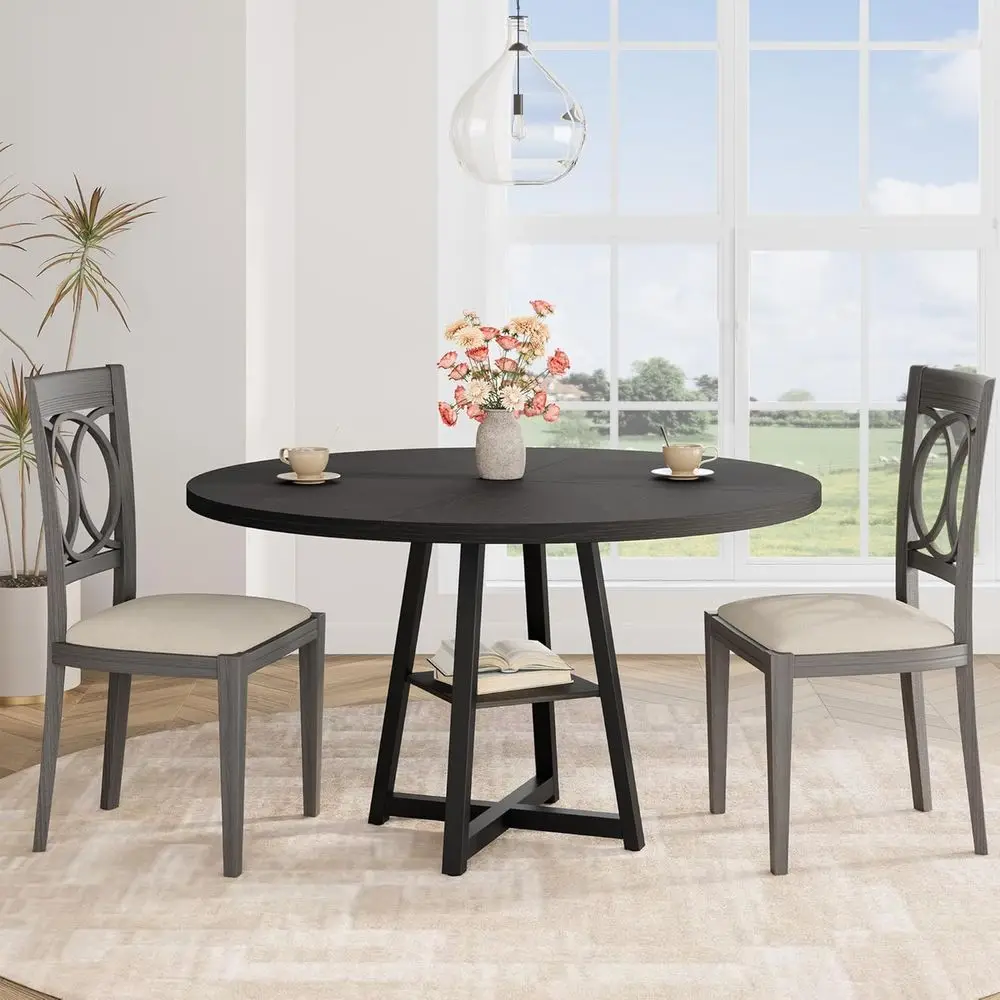 Round Dining Table 47 Inch Wooden Top Metal Base Kitchen Table for 4 with Storage for Dining Room Living Room