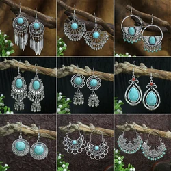 Vintage Bohemian Exquisite Silver Color Metal Dangle Earrings for Women Ethnic Imitation Turquoises Earring Boho Pendiente Mujer