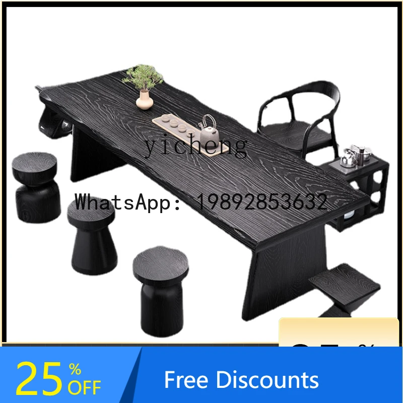

LYY Carbon Black Solid Wood Tea Table Living Room Home Modern Minimalist Office Tea Table and Chair Set