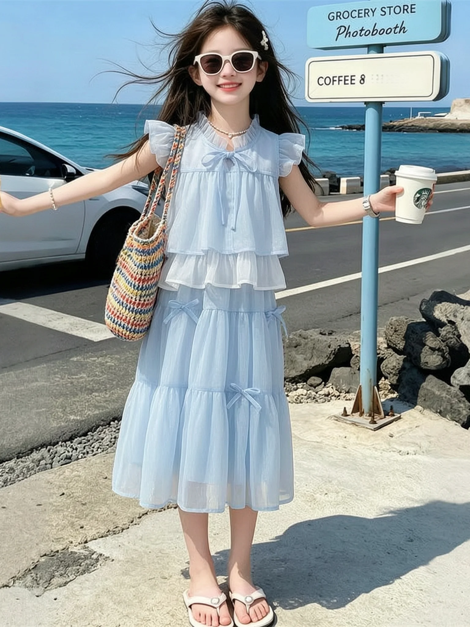 Conjunto de Vestido de Verão para Meninas, Saia em Camadas, Cintura Alta, Conjunto de Duas Peças, Roupa Infantil Moderna, Laç...