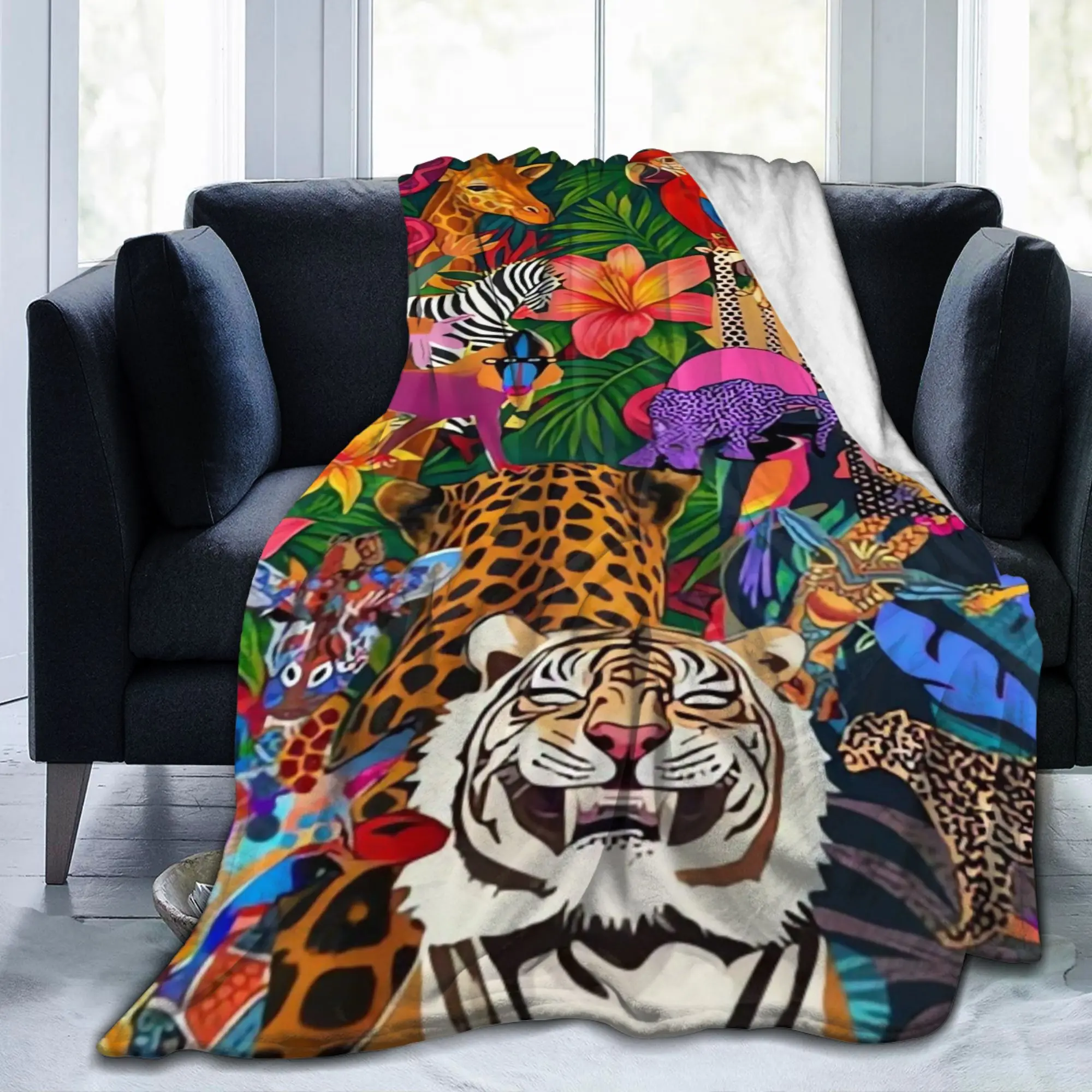 Jaguar Tropical Leaf Print Blanket Quality Super Warm  Throw Blanket Winter Girls Boys Couch Bed Graphic Bedspread