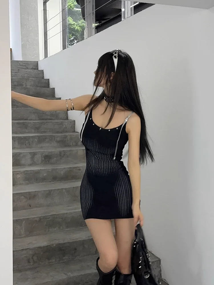 

Spicy Tight Print Striped Camisole Dress Women Sexy Waisted Slim Sheath Wrap Dress Summer American Retro Trendy Club Streetwear