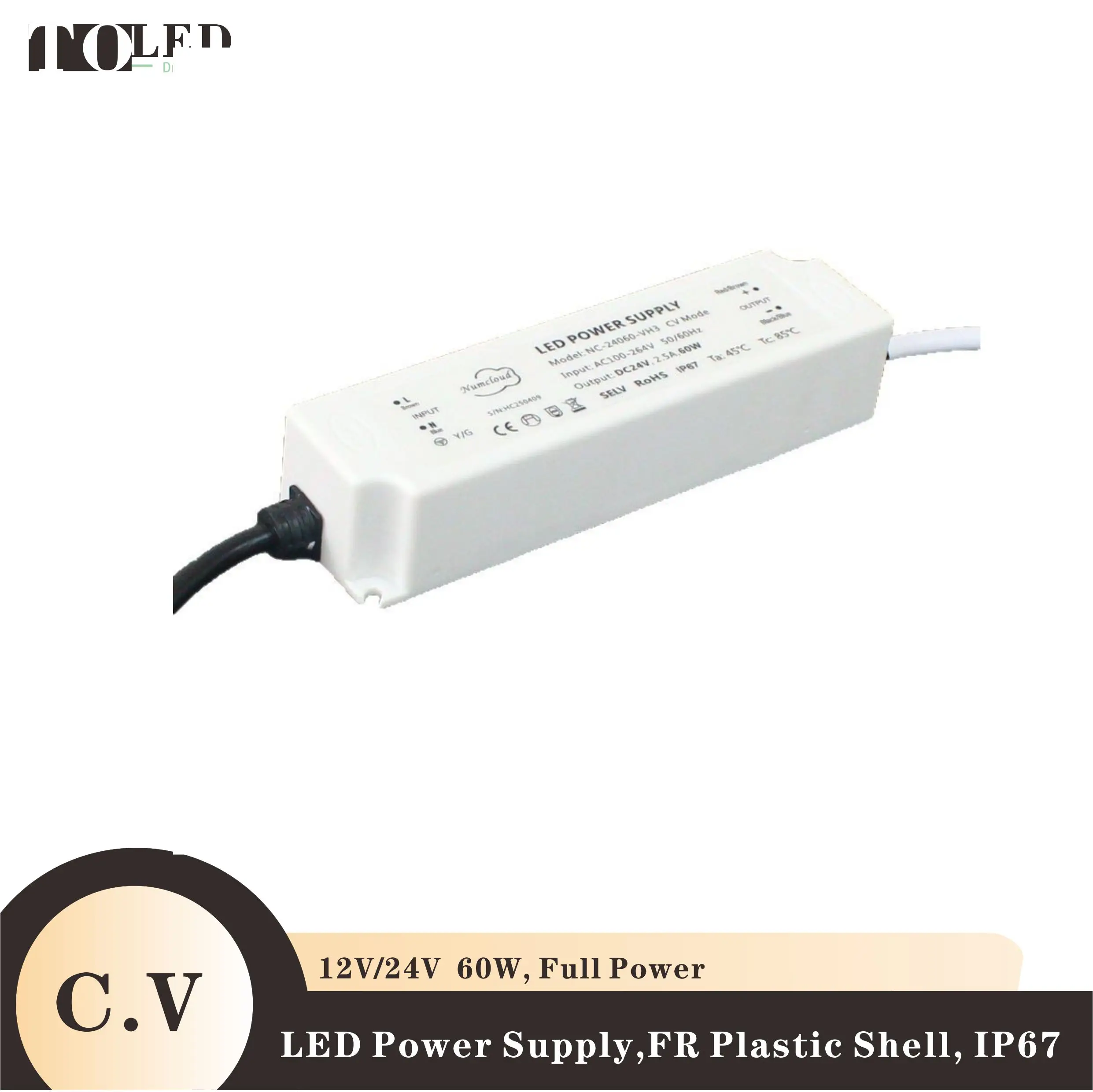 C.V DC12V/24V 60W LED driver switching power supply lighting transformer waterproof IP67 universal AC100-265V,Plastic shell
