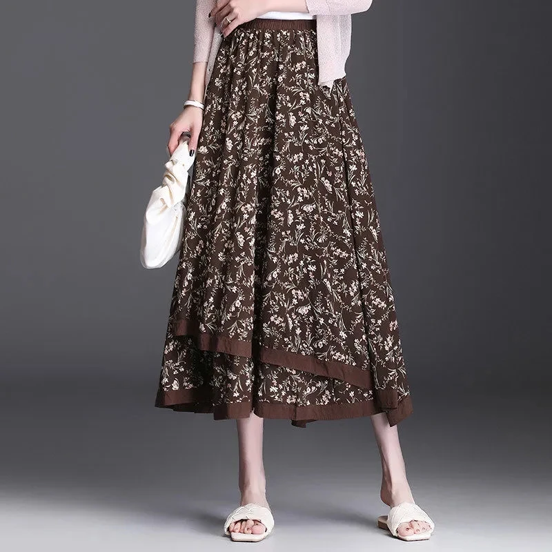 2023 New Spring And Autumn A-Line Floral Skirt Foreign Style Retro High-waisted Belly Cover Ladies Dress Clothes For Women