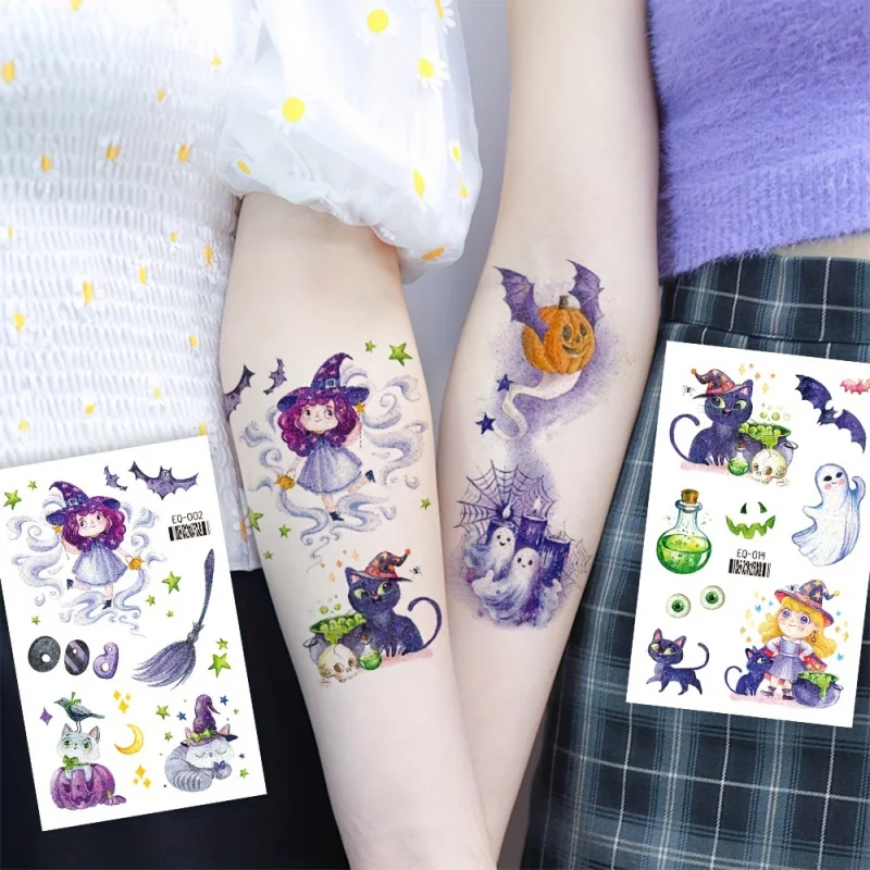 12-Piece Glittery Halloween Temporary Tattoo Set - Cartoon Witch, Pumpkin and Girls Party. Gift Decoration, Lasts 2-5 Days