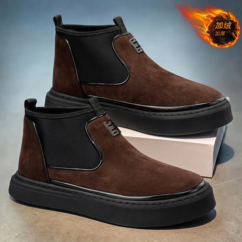 Men Winter Fleece Lined Ankle Boots Brown Suede Slip on Thick Platform Sole Warm Casual Outdoor Winter Footwear