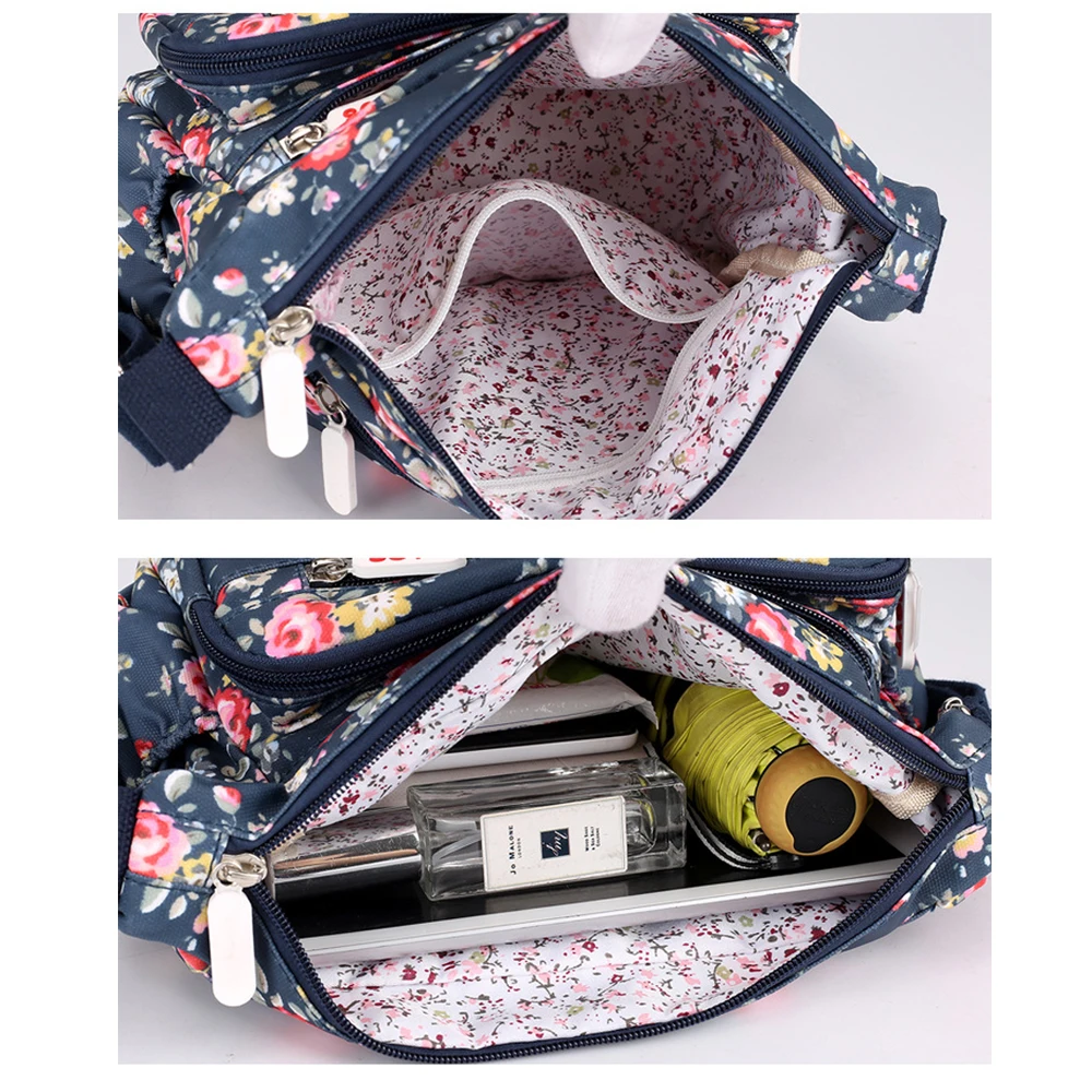 حقائب يد كروس عصرية متعددة الجيوب بنمط الأزهار حقيبة كتف نسائية مقاومة للماء من النايلون كاجوال بسحاب حقيبة كروس نسائية