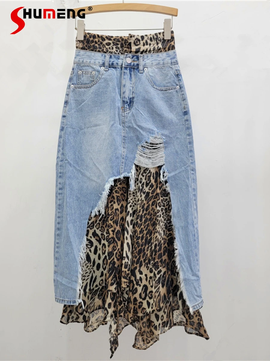 Female Leopard Print Denim Splicing Skirts 2024 Autumn New Slim Fit Sexy Girl Skirt Ladies Personality Pocket Women’s Clothes