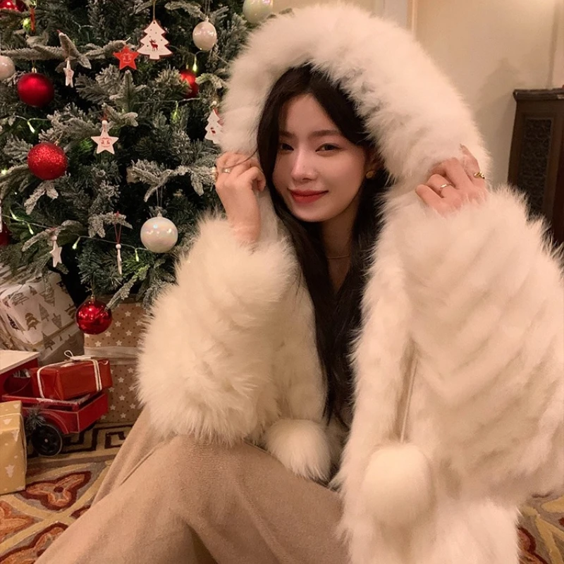 YOLANFAIRY 진짜 여우털 코트 여성용 겨울 따뜻한 후드 긴 소매 출퇴근용 청춘 자연스러운 여우털 재킷 여성용 2025