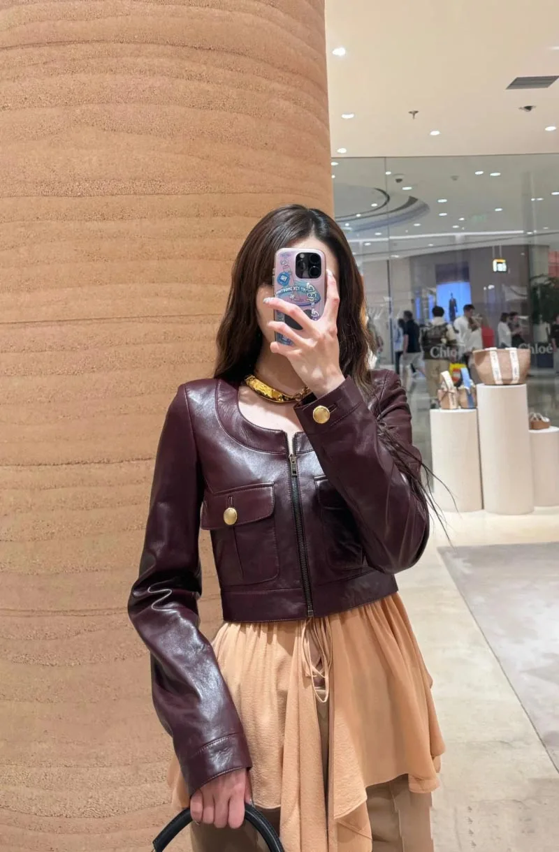 New Autumn Fashion Luxury 100% Sheepskin Leather Vintage Jacket Women O-neck Gold Buttons Front Pockets Zipper Slim Short Coat