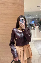 New Autumn Fashion Luxury 100% Sheepskin Leather Vintage Jacket Women O-neck Gold Buttons Front Pockets Zipper Slim Short Coat