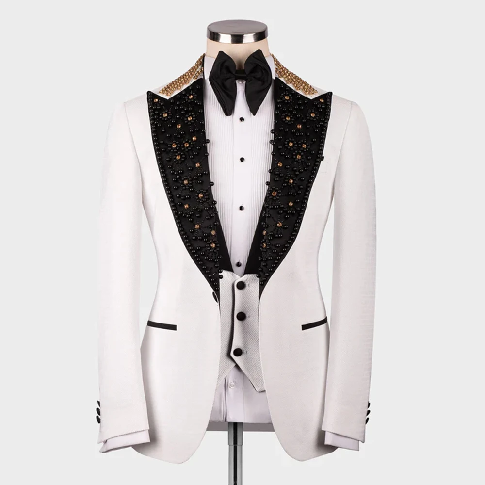 

Boyfriend Suits For Wedding Slim Fit Groom Wear Tuxedo Tailore Made Black/Gold Beaded Lapel White Blazer Formal Mens Prom Dress