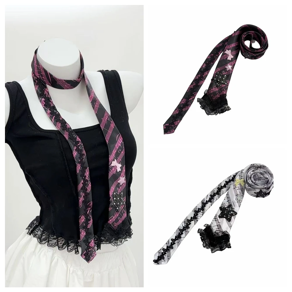 

Retro Ribbon Polka Dot Scarf With Star Bowknot Musical Notes On The Staff Print Women's Scarf Y2k Scarf NeckTie