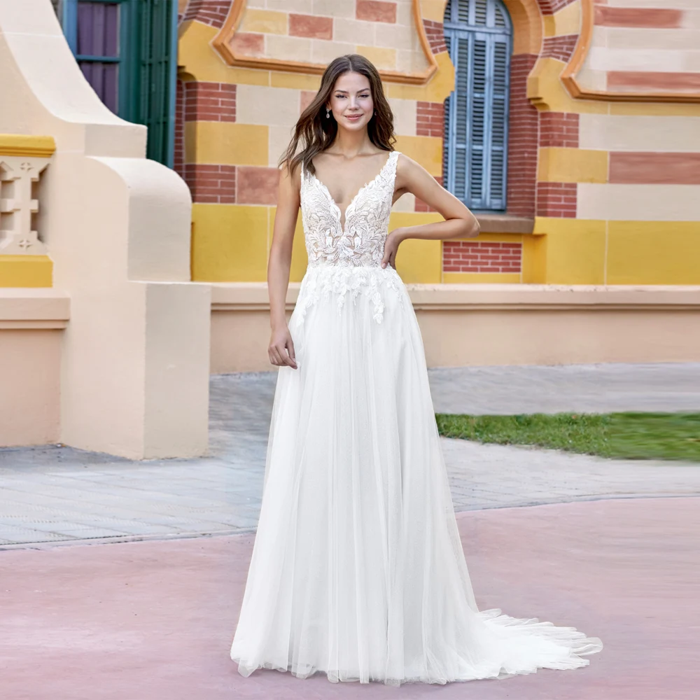 

Elegant Sleeveless A-Line Women Bridal Gowns Sweetheart Collar V-Neck Wedding Dresses Formal Party Vestidos De Novia Customized