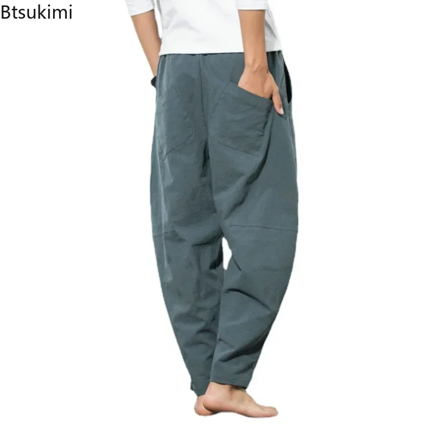 2025 Men's Casual Cotton Linen Pants Harem Pants Male Loose Spring Summer Solid Pants Trousers Oversized Beach Bottoms Men 5XL