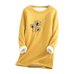 Autumn Winter Velvet Thick Fleece Sweater T-shirts Women Velvet Warm Solid Loose Long Sleeve O-neck Dandelion Blouse Tops