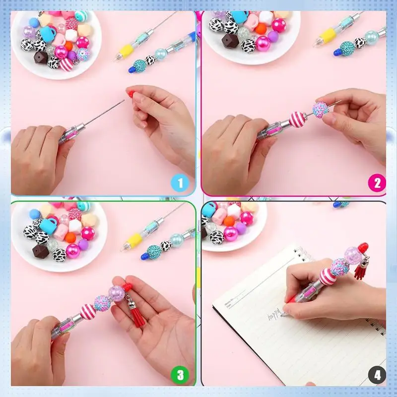 A82Q-12 Pcs Multicolor Beadable Pens 4In1 Colored Beads Pen Retractable Ballpoint Pens For DIY Making Kit Students Children Dura