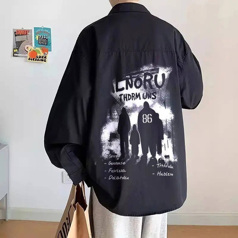 Men's 2024 Spring and Autumn New Splicing Square Collar Button Letters Fashion Loose and Versatile Casual Long Sleeve Shirts