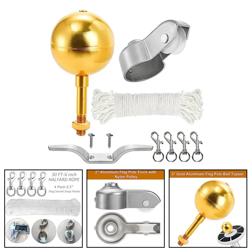 Aluminum Alloy Flag Pole Tool Set 3 Inch Golden Ball Upgrade Flag Pole Hardware Repair Kit Nylon Braided Rope Cleat Hook