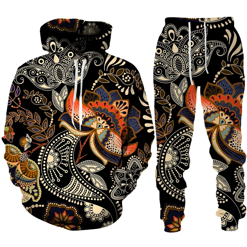 Men's Hoodie 2 Piece Set Retro Paisley Floral Pattern Print 3D Hooded Sweatshirt Pants Suit Fall/Winter Oversized Men's Clothing